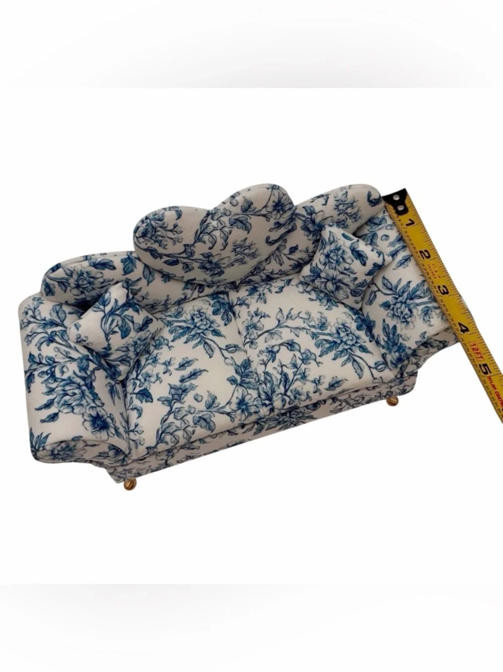 Blue White Floral Toile Sofa Jewelry Box Heart Back Miniature